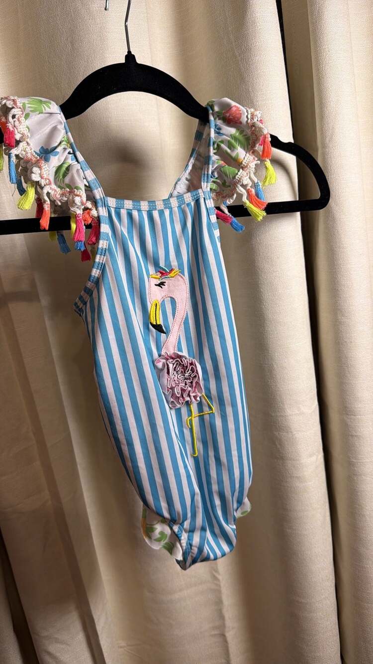 Mud Pie Girls Blue Striped Flamingo Tassel One-Piece Swimsuit